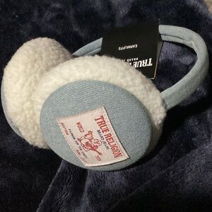 TRUE RELIGION Logo Patch Earmuffs,  Blue Denim Iconic Buddha Patches